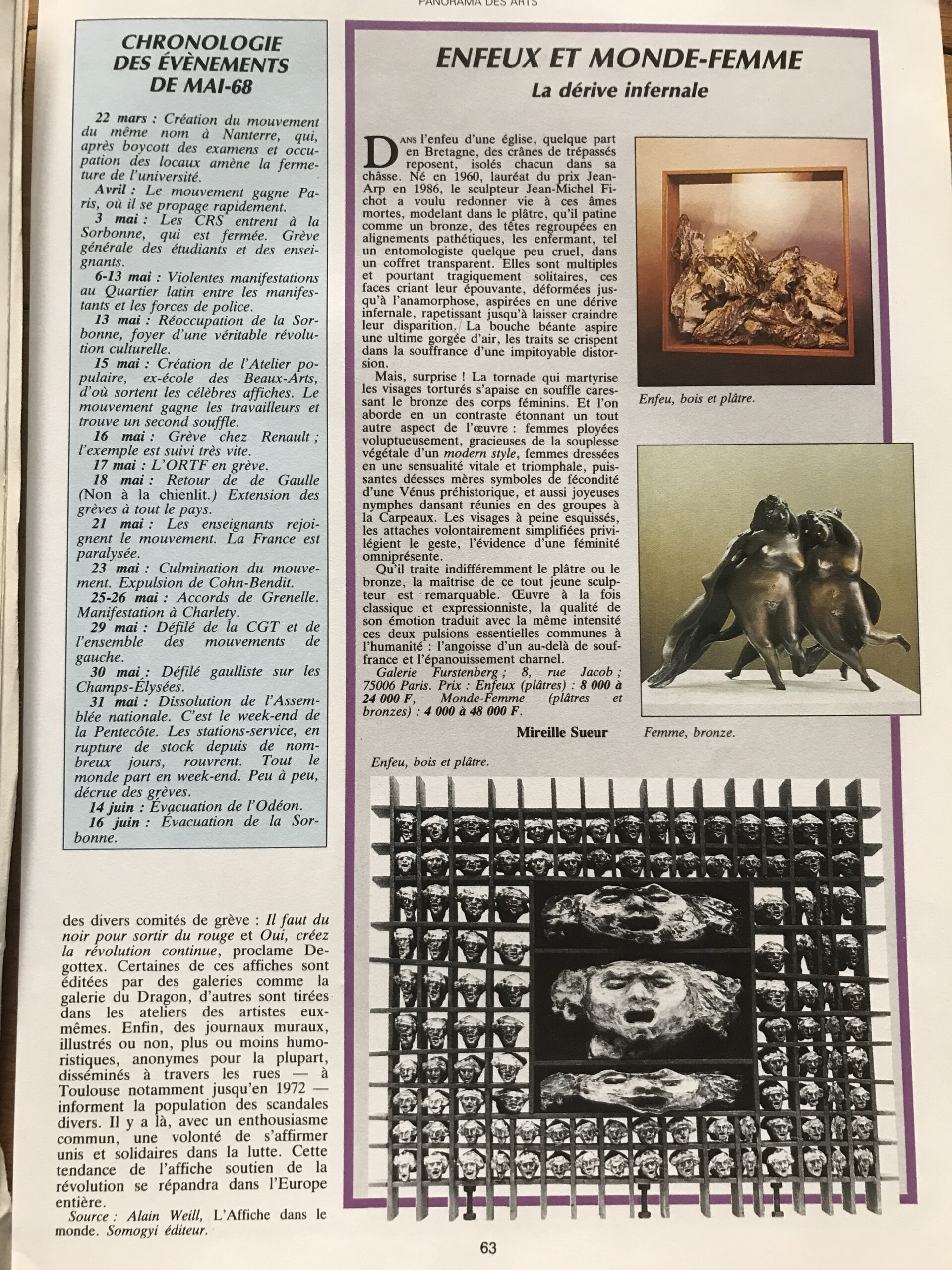 « ENFEUS » AND « MONDE-FEMME » PAR MIREILLE SUEUR, LA COTE DES ANTIQUITÉS MAGAZINE INTERNATIONAL DES VENTES PUBLIQUES.